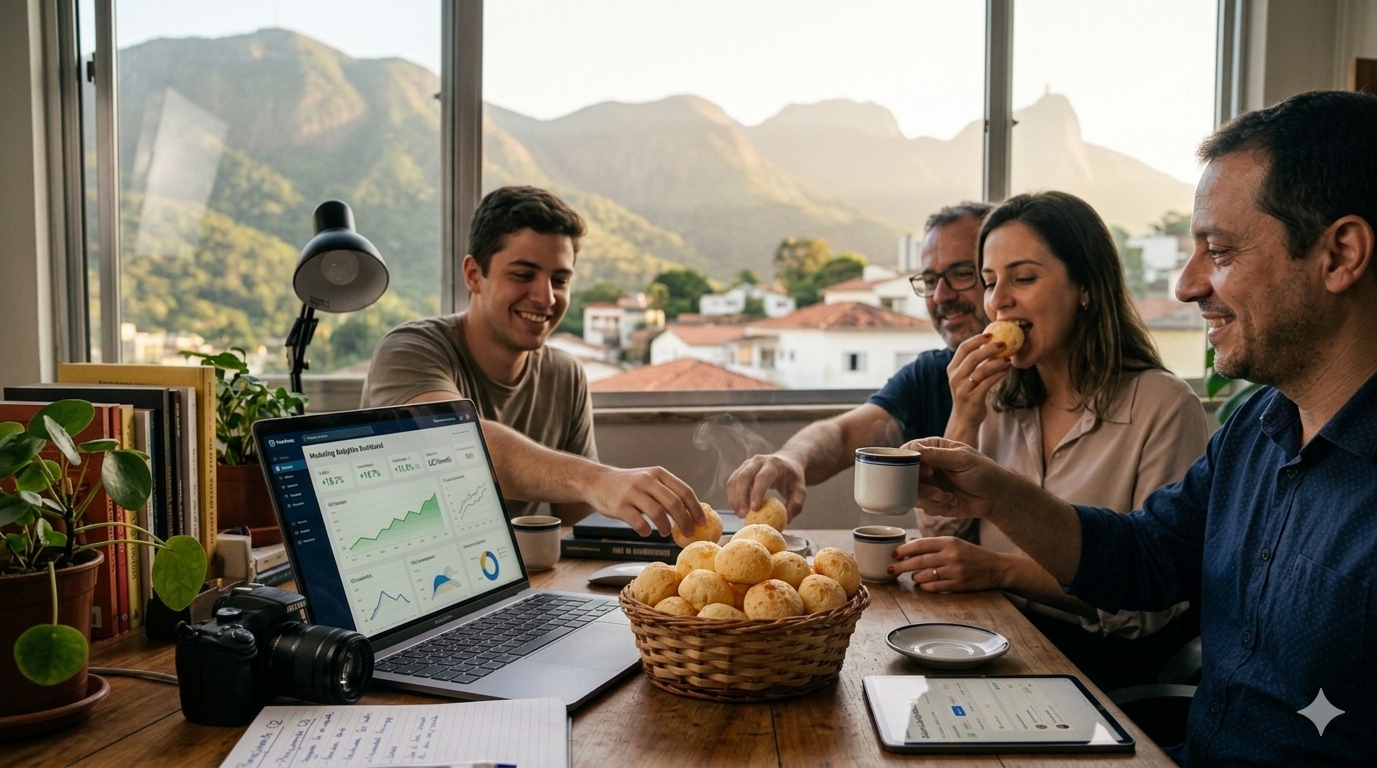 Equipe em reunião matinal com café e pão de queijo