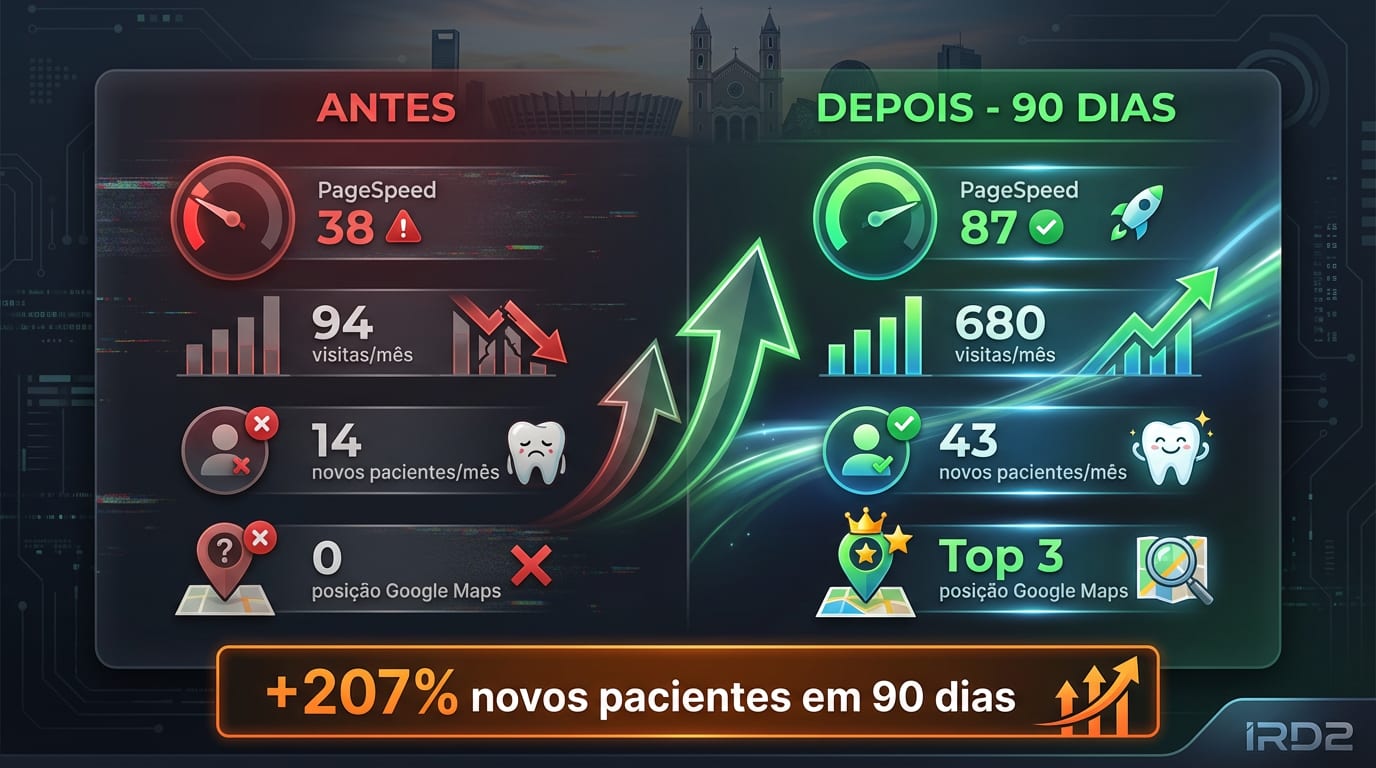 Dashboard comparativo antes e depois do SEO para clínica odontológica: crescimento de contatos qualificados via Google em 90 dias — case IRD2 BH
