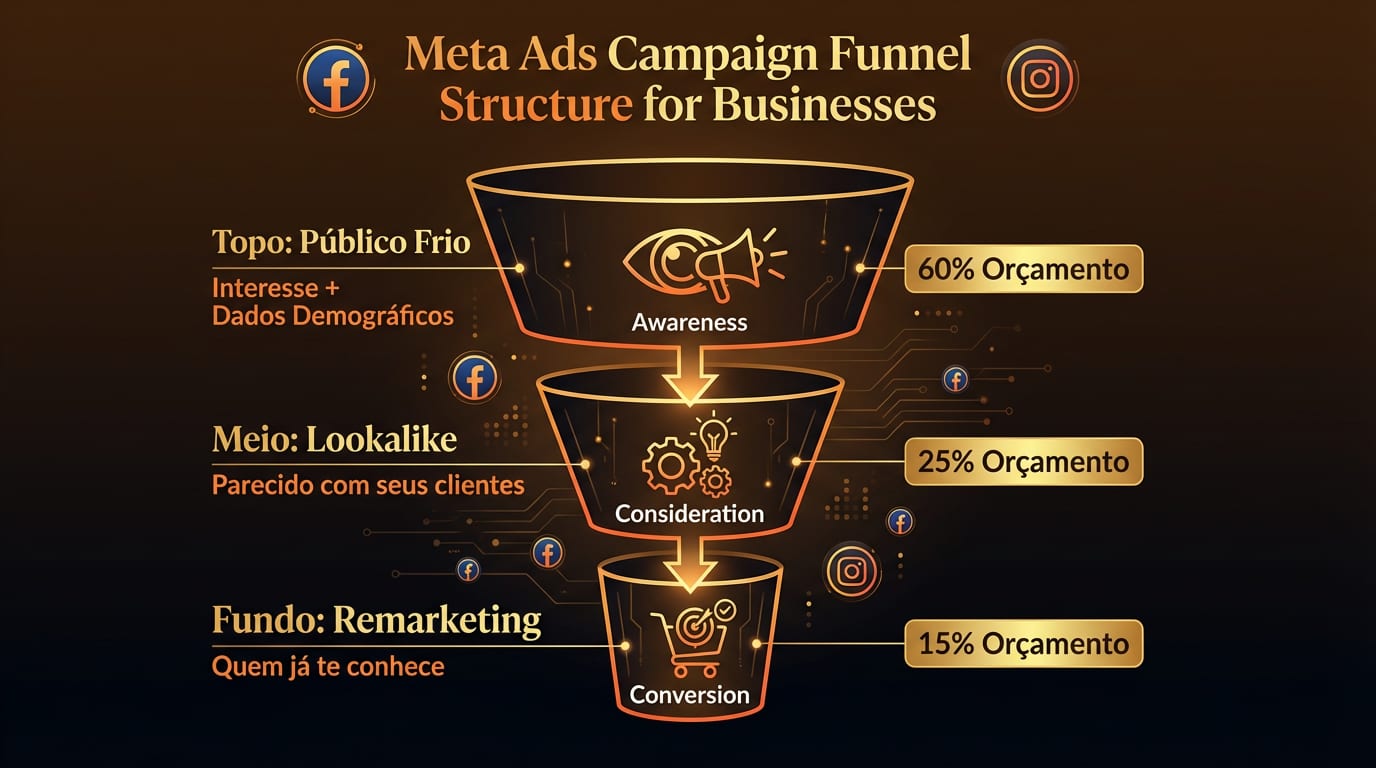 Infográfico: estrutura de funil de campanha Meta Ads para clínicas — topo público frio 60%, meio lookalike 25%, fundo remarketing 15%