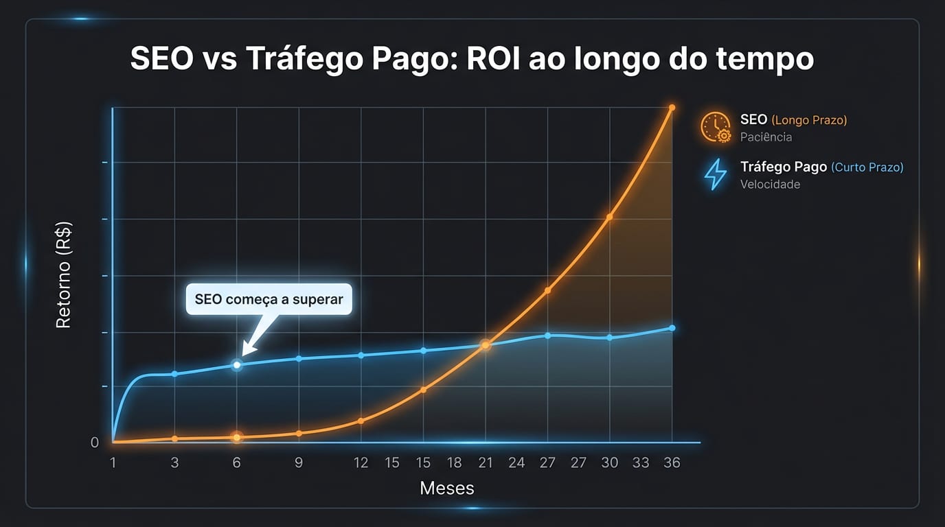 Gráfico comparativo: ROI do SEO vs Tráfego Pago ao longo de 36 meses — cruzamento típico entre os meses 6 e 12 conforme concorrência