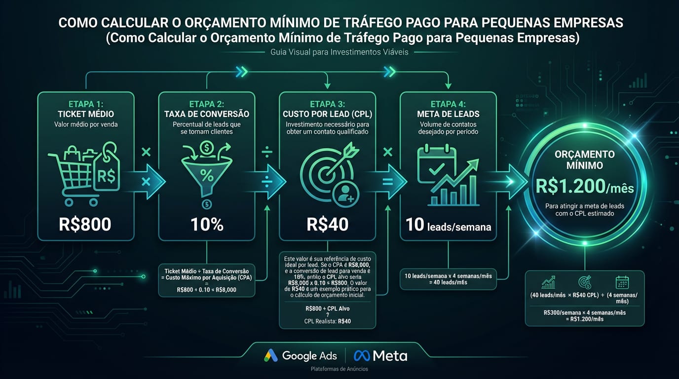 Infográfico: como calcular o orçamento mínimo viável de tráfego pago para pequenas empresas — fórmula passo a passo